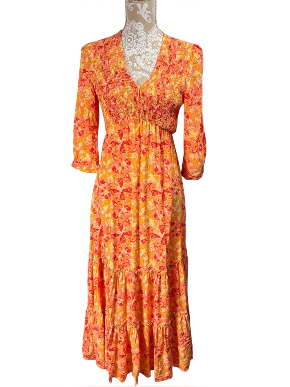 Sunday Mi Amor Anthropologie Size Medium Maxi Boho Tiered Dress Floral Smocked